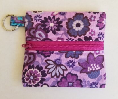 Roberta zip coin pouch, zippered pouch, coin pouch, coin purse, zip pouch, cotton fabric zippered pouch, Busy Birdies Studio, purple floral cotton fabric zip coin pouch