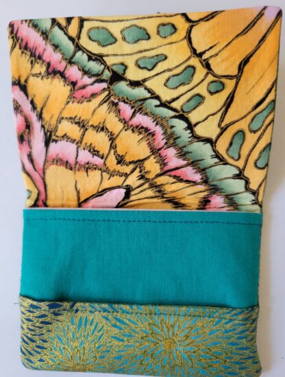 Vivian card wallet, business card wallet, Busy Birdies Studio, butterfly and green and gold fabric card wallet